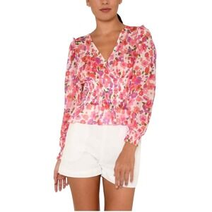 Nicole Miller Artelier Coll Floral. Print V Neck Smocked Waist Silk Blouse M EUC